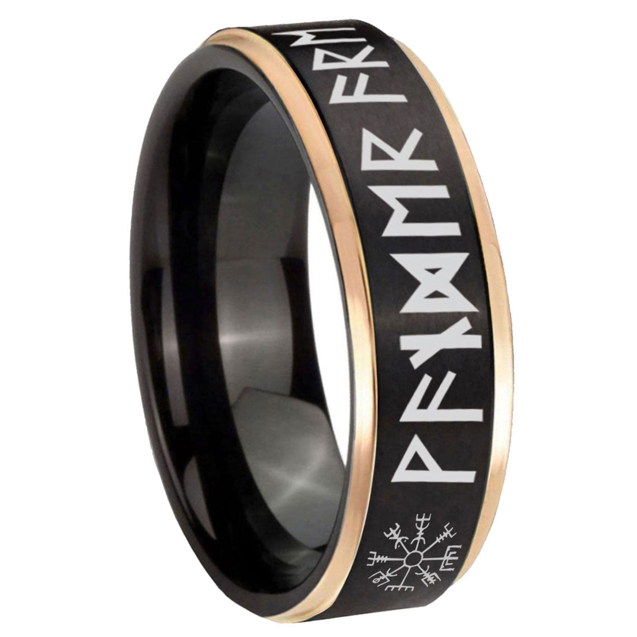 8mm Viking Rose Gold Step Edge Black Tungsten Ring