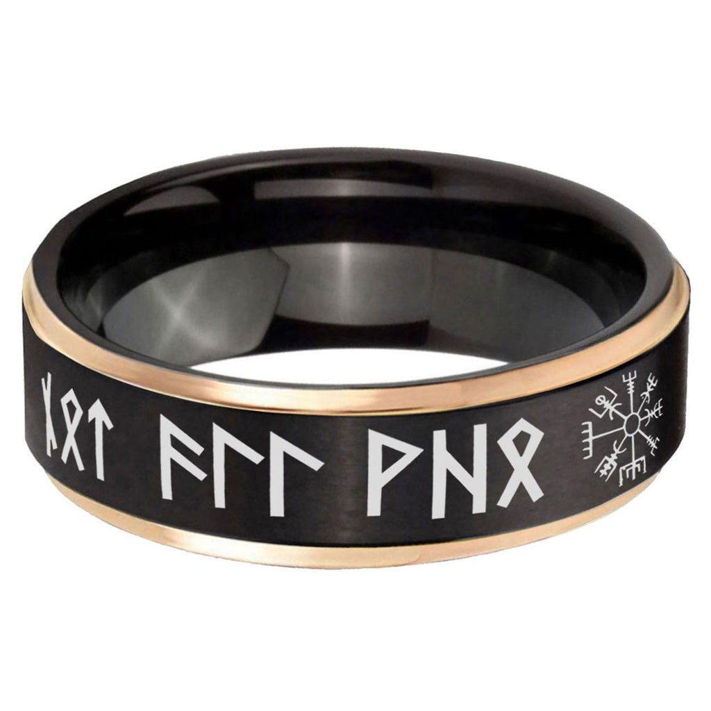 6mm Viking Rose Gold Step Edge Black Tungsten Ring