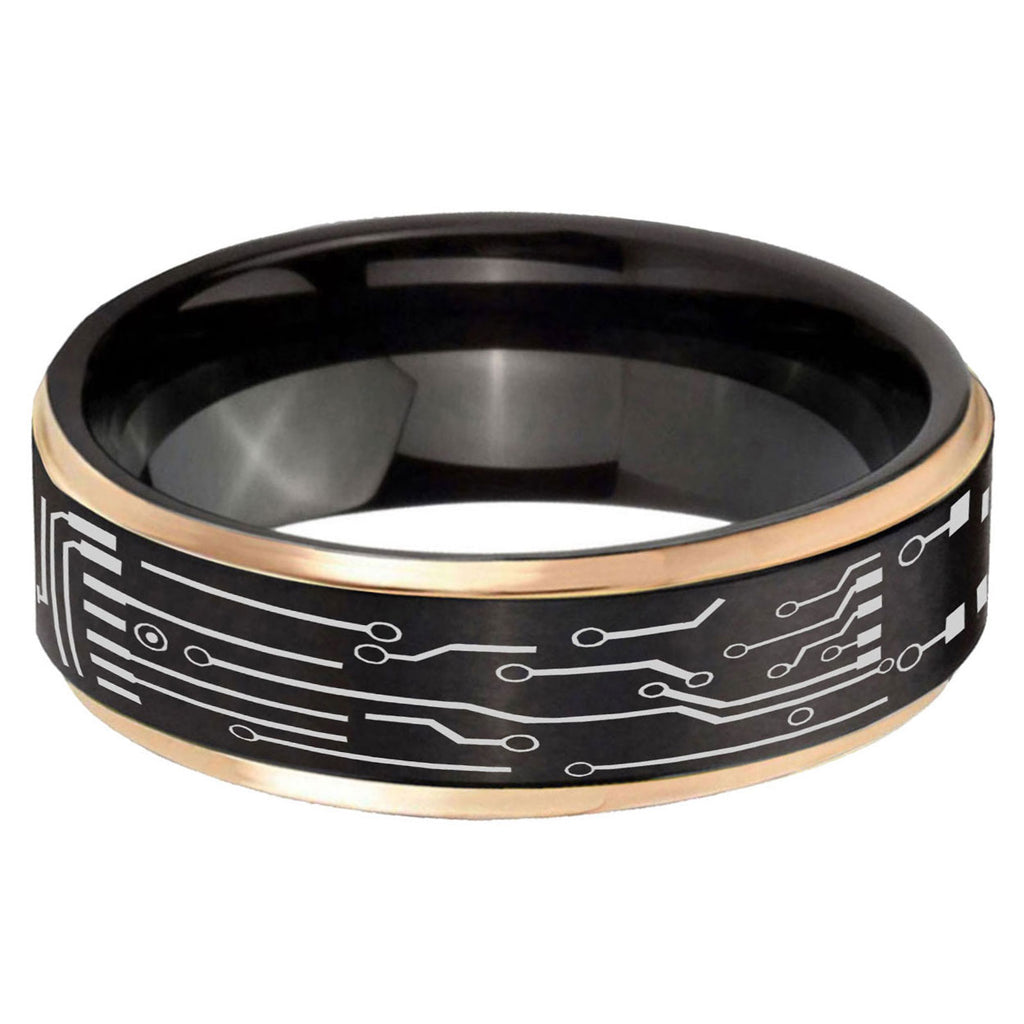6mm Circuit Board Rose Gold Step Edge Black Tungsten Ring