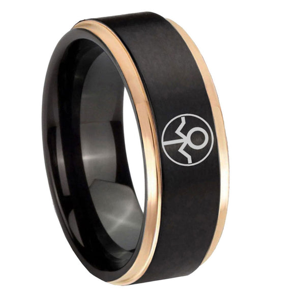 8mm Gray Lantern Step Edge Black Rose Gold Mens Tungsten Carbide Ring