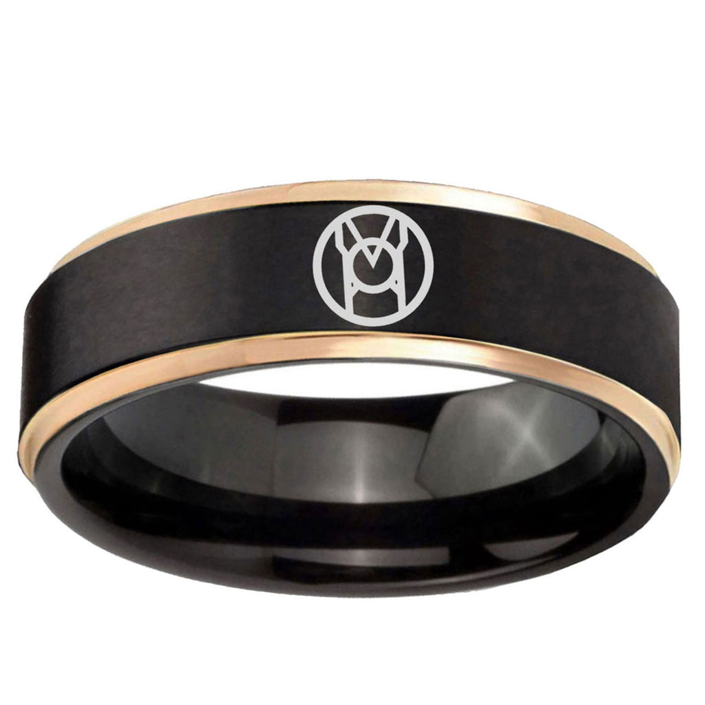 6mm Larfleeze Green Lantern Rose Gold Step Edge Black Tungsten Ring