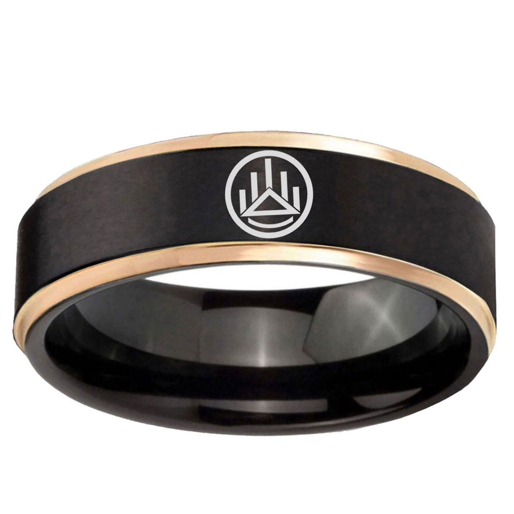 6mm Silver Lantern Rose Gold Step Edge Black Tungsten Ring