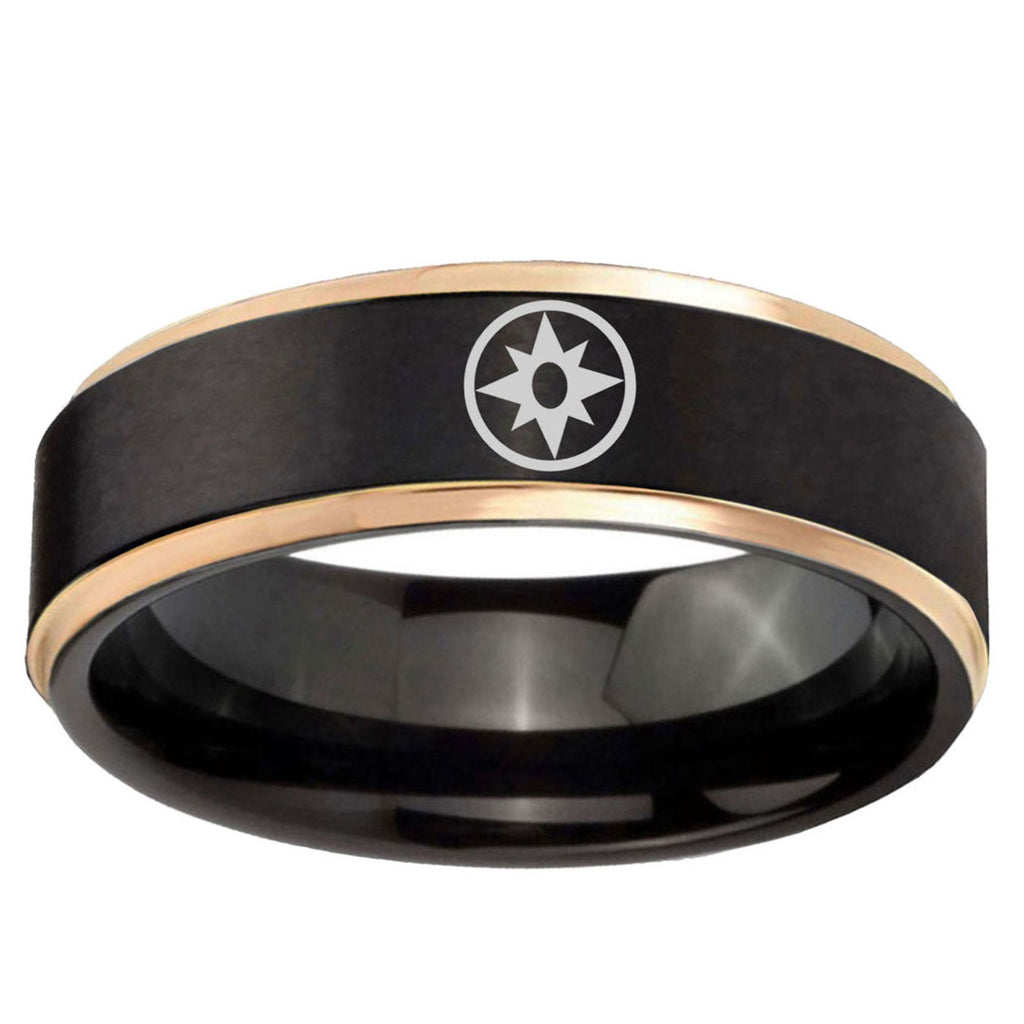 6mm Star Sapphire Lantern Rose Gold Step Edge Black Tungsten Ring