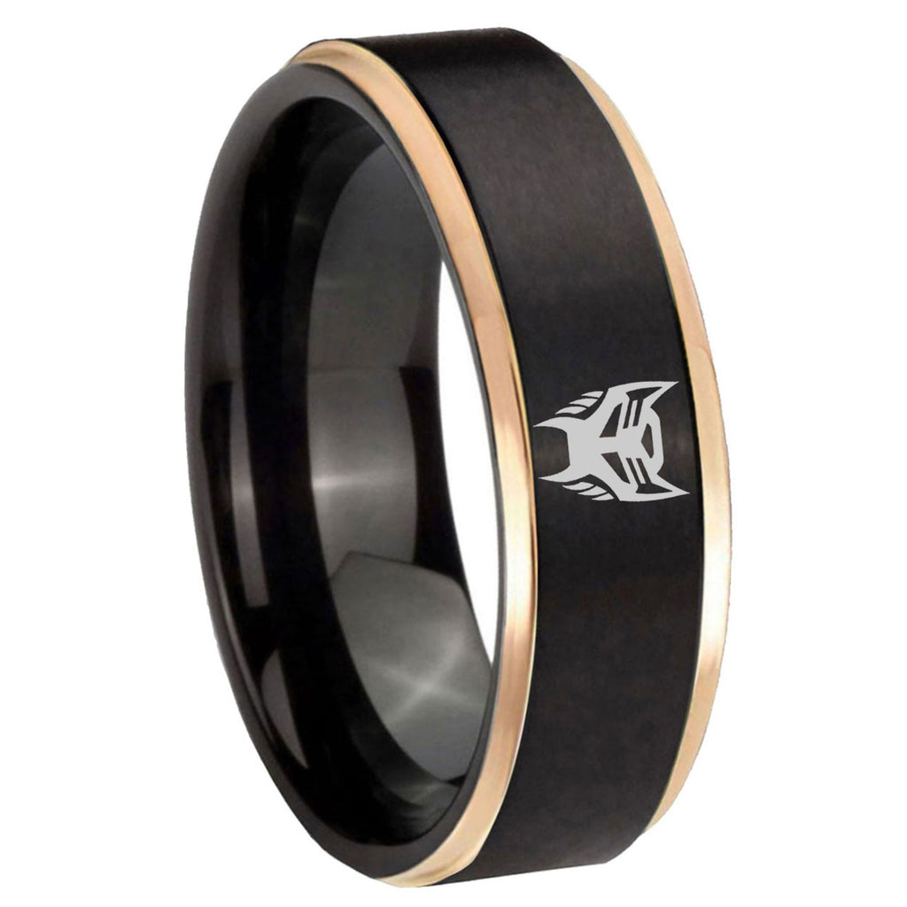 8mm Transformers Insignias Rose Gold Step Edge Black Tungsten Ring