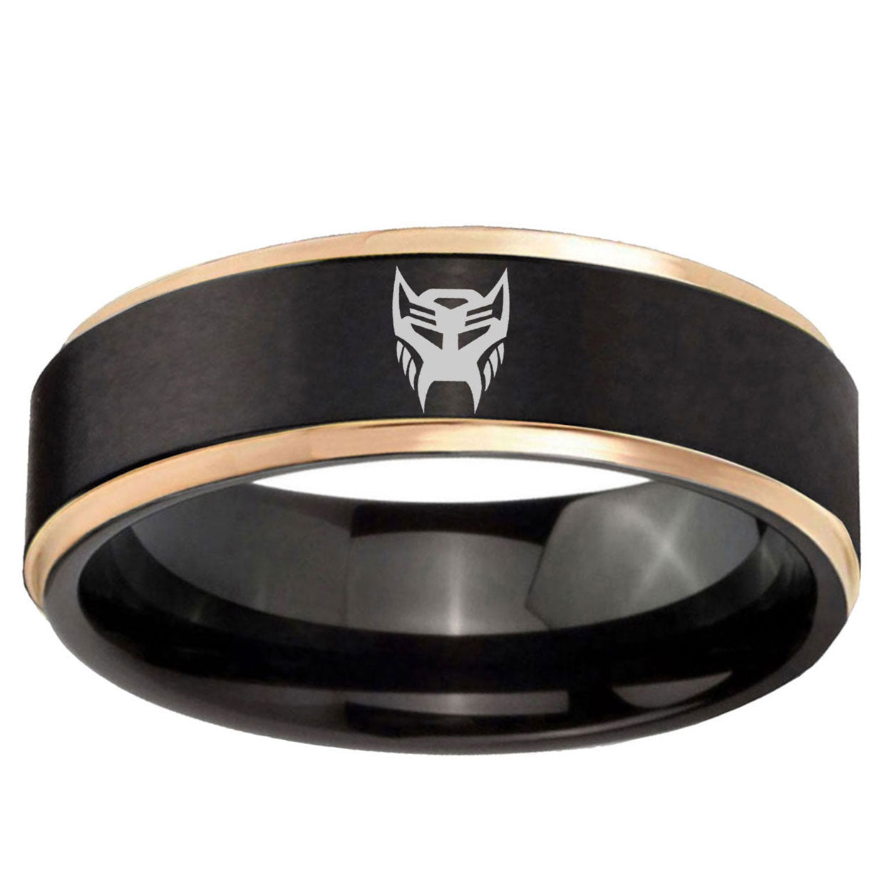 6mm Transformers Insignias Rose Gold Step Edge Black Tungsten Ring