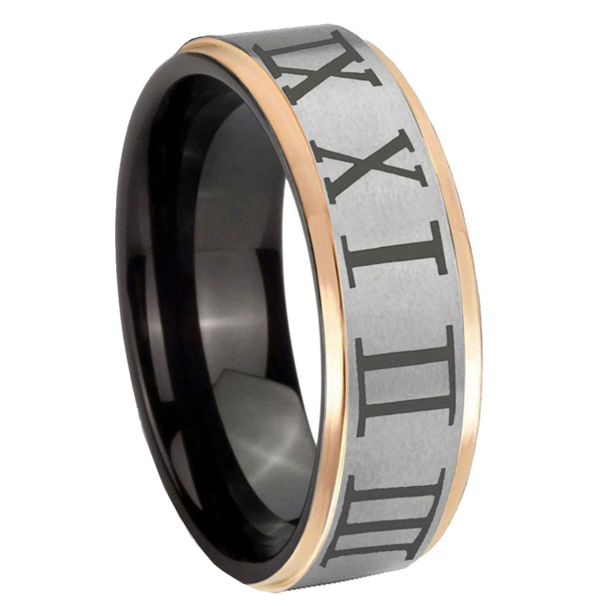8mm Roman Numeral Rose Gold Step Edge Gray Tungsten Ring