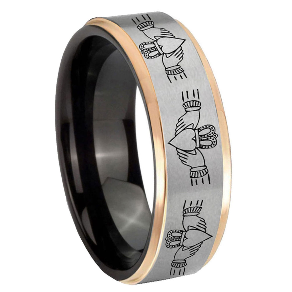 8mm Irish Claddagh Rose Gold Step Edge Gray Tungsten Ring