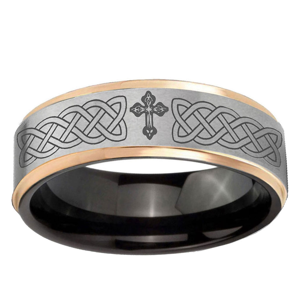 Celtic Cross Rose Gold Step Edge Gray Tungsten Ring