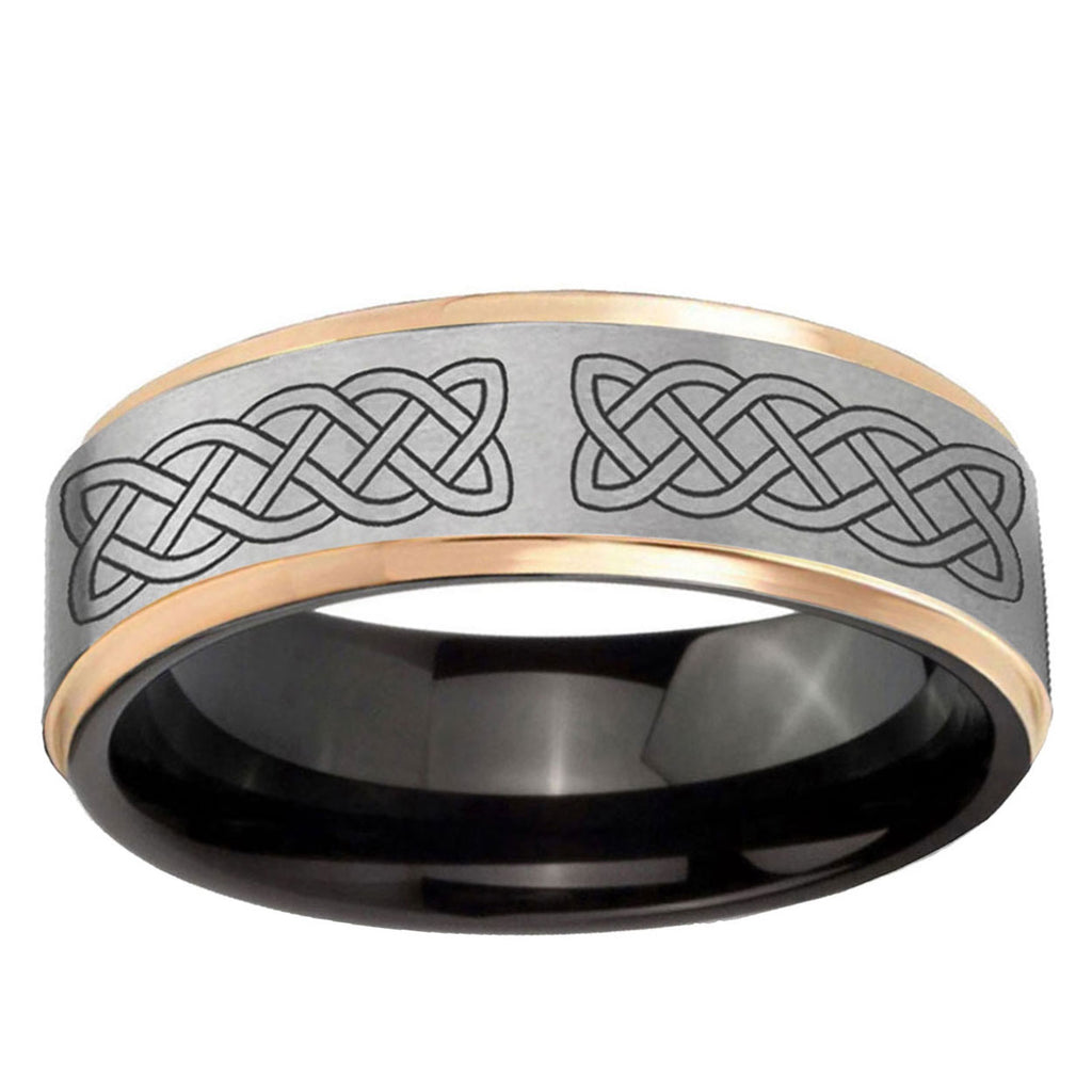 Celtic Knot Rose Gold Step Edge Gray Tungsten Ring