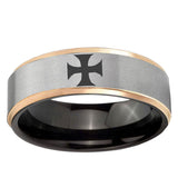 Maltese Cross Rose Gold Step Edge Gray Tungsten Carbide Men's Ring