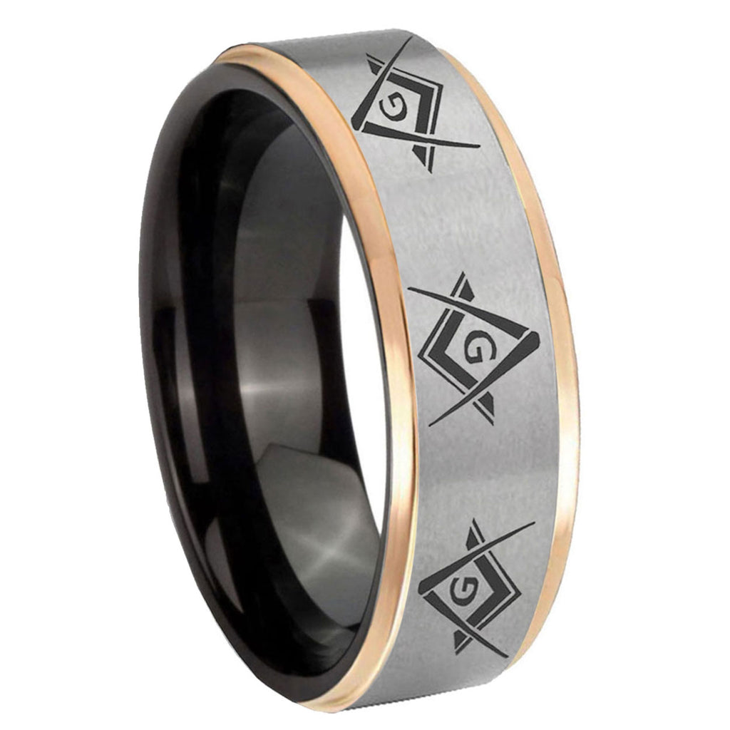 8mm Master Mason Masonic Rose Gold Step Edge Gray Tungsten Band