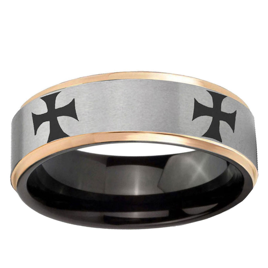 4 Maltese Cross Rose Gold Step Edge Gray Tungsten Bands
