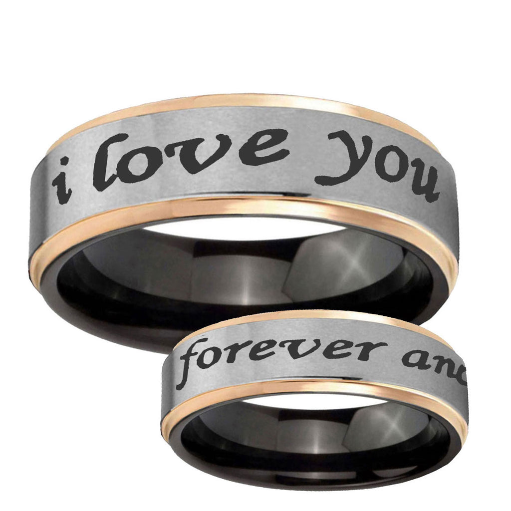 I Love You Forever ever Rose Gold Step Edge Gray Tungsten Ring