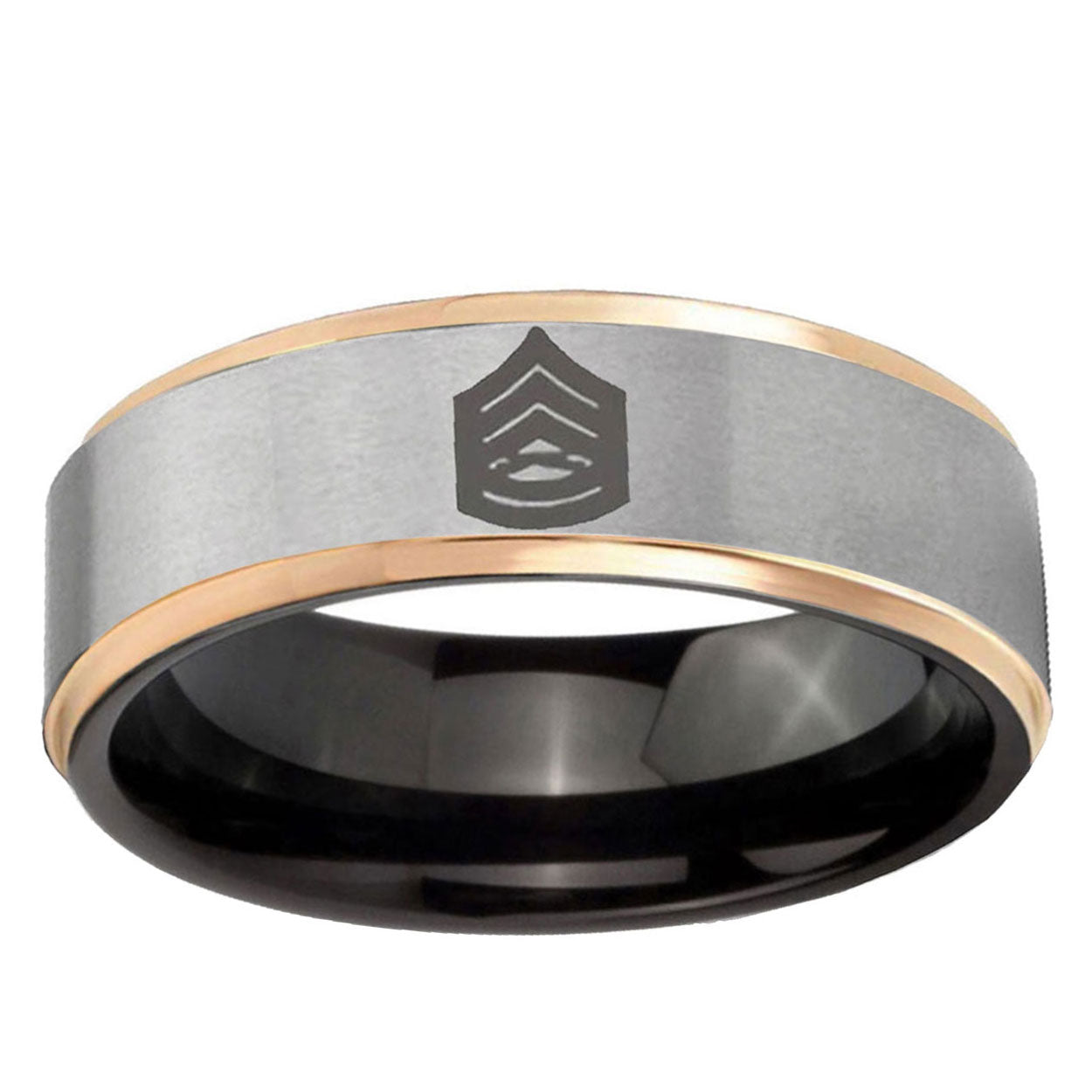 Army Sergeant Major Rose Gold Step Edge Gray Tungsten Ring