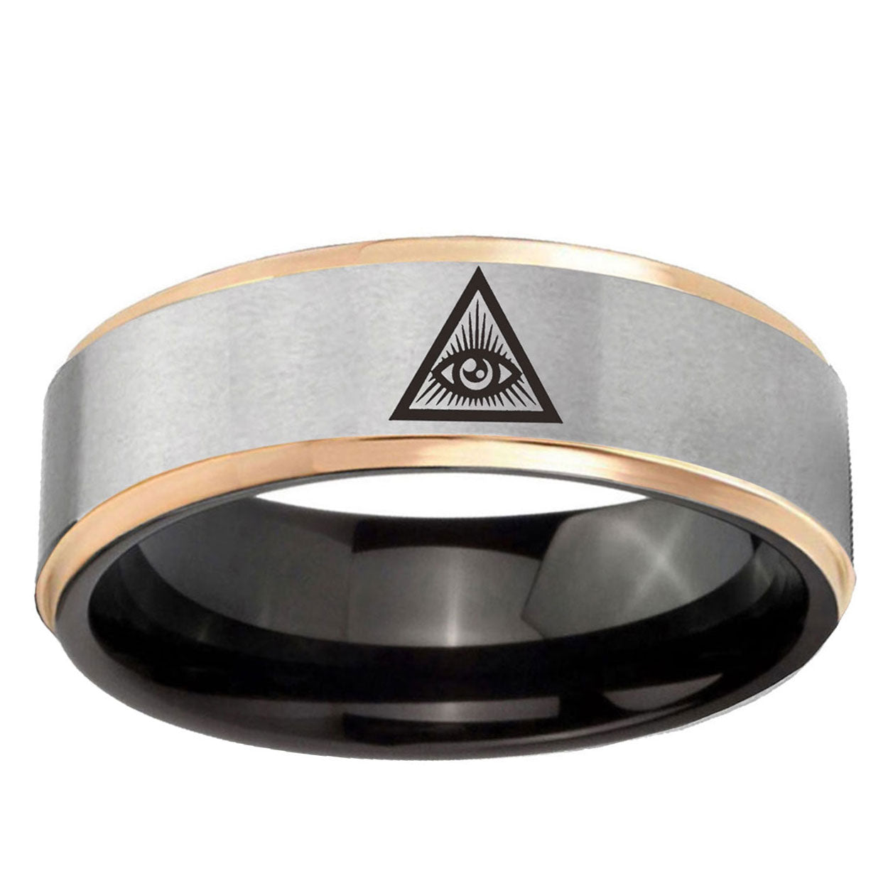Seeing Eye of God Rose Gold Step Edge Gray Tungsten Ring