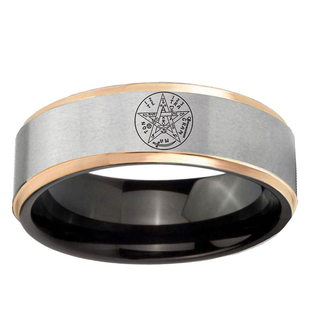 Tetragrammaton Spiritual Kabbalah Rose Gold Step Edge Gray Tungsten Ring