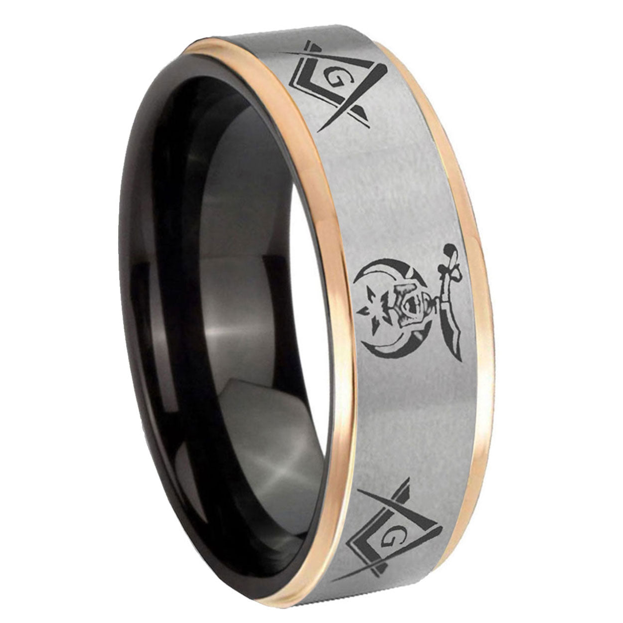 8mm Masonic Shriners Rose Gold Step Edge Gray Tungsten Bands