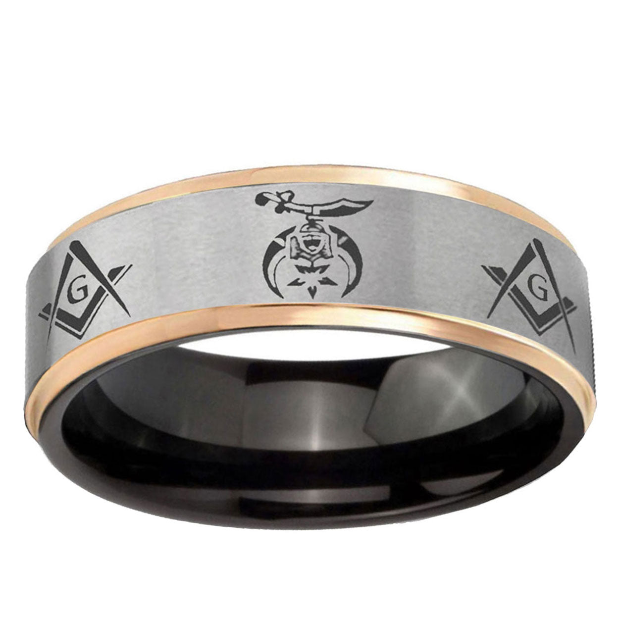 Masonic Shriners Rose Gold Step Edge Gray Tungsten Bands