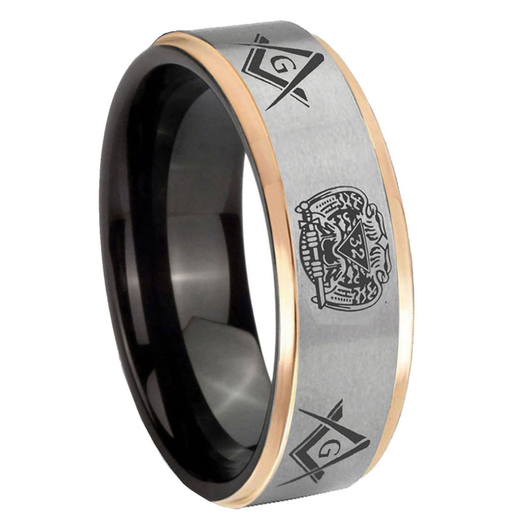 8mm Masonic 32 Design Rose Gold Step Edge Gray Tungsten Ring