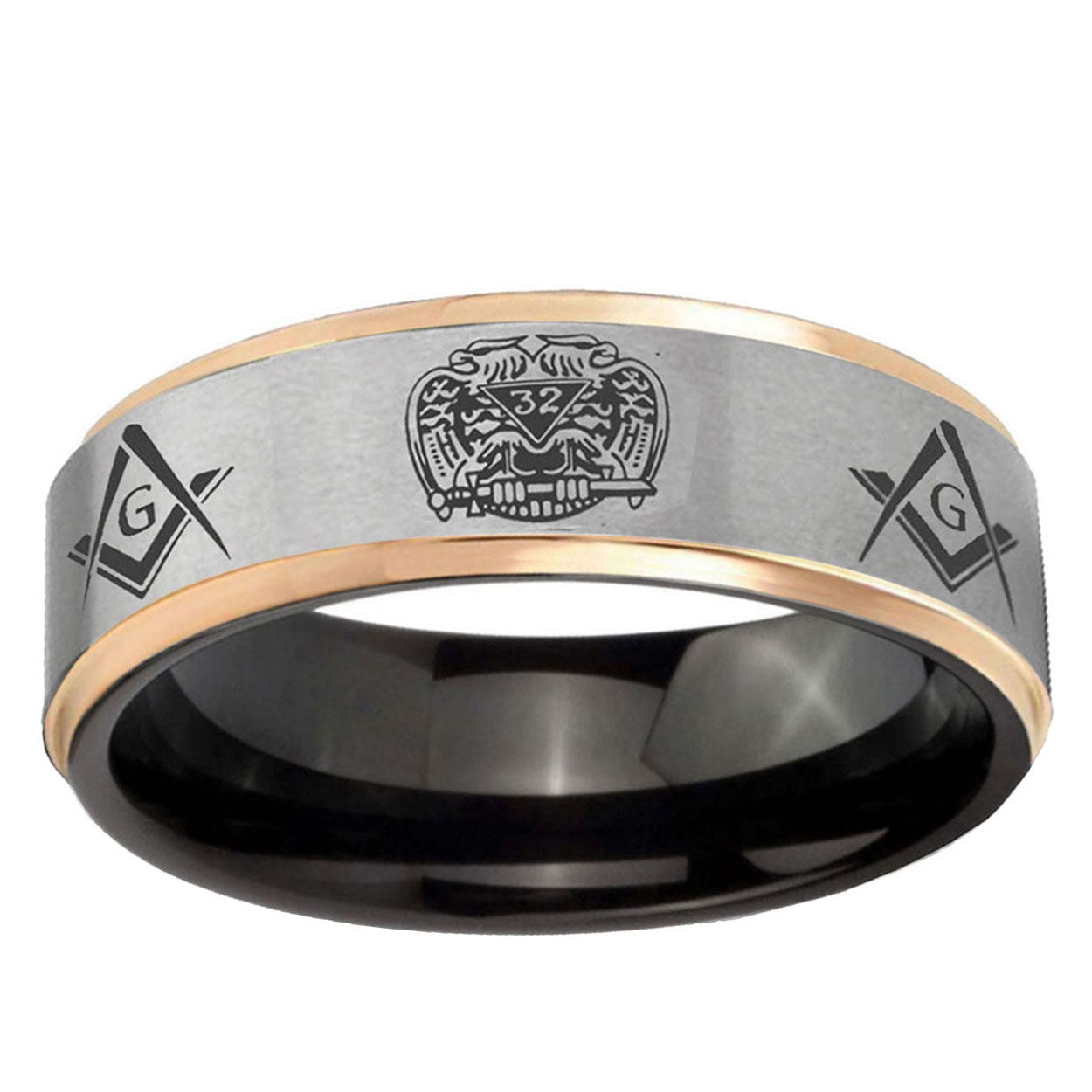 Masonic 32 Design Rose Gold Step Edge Gray Tungsten Ring