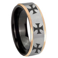8mm Multiple Maltese Cross Rose Gold Step Edge Gray Tungsten Ring