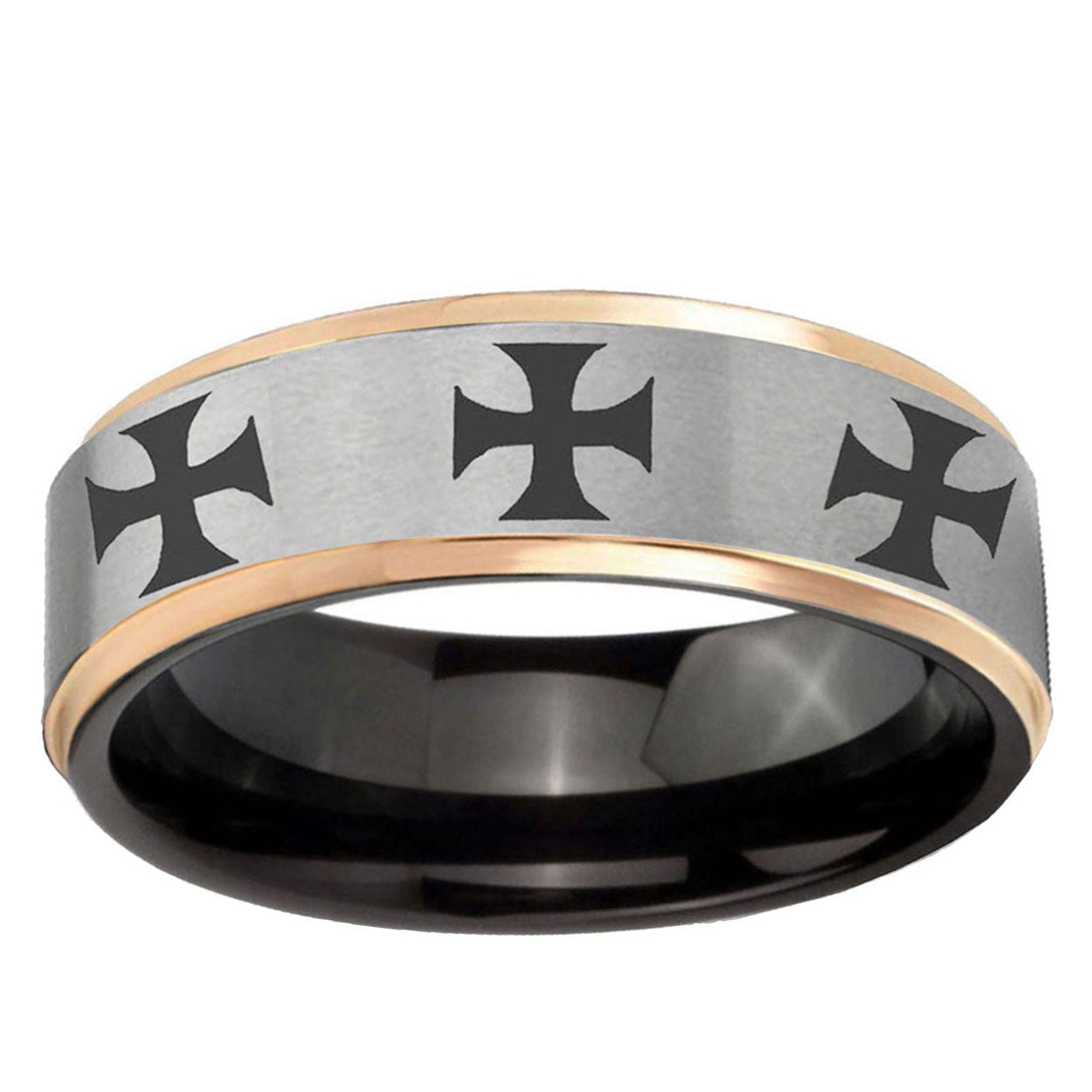 Multiple Maltese Cross Rose Gold Step Edge Gray Tungsten Ring
