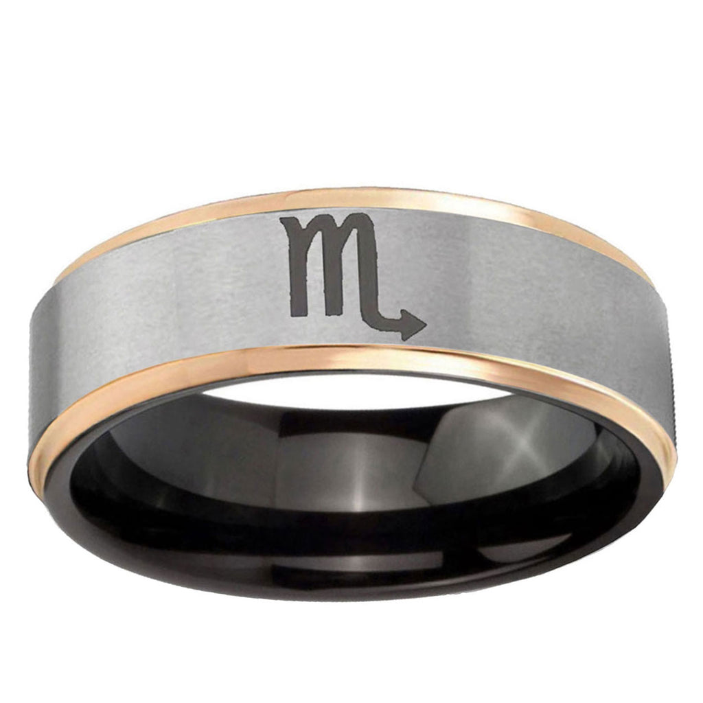 Scorpio Horoscope Rose Gold Step Edge Gray Tungsten Ring