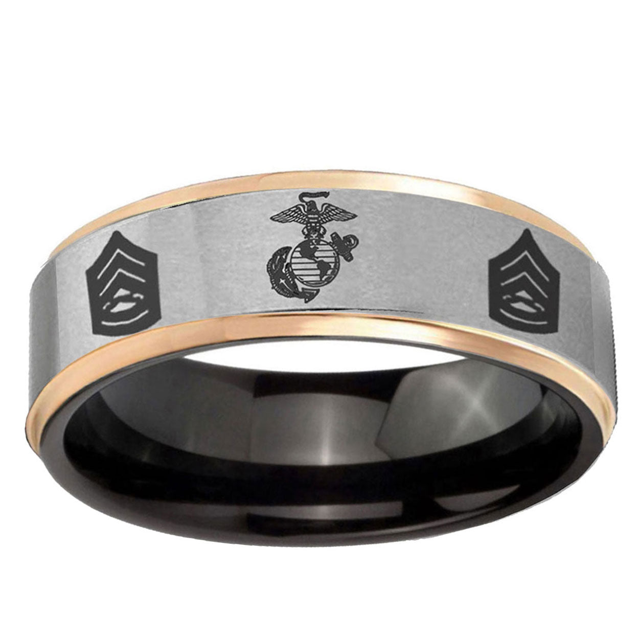 Marine Army Sergeant Rose Gold Step Edge Gray Tungsten Band