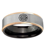 Fire Department Rose Gold Step Edge Gray Tungsten Carbide Rings for Men