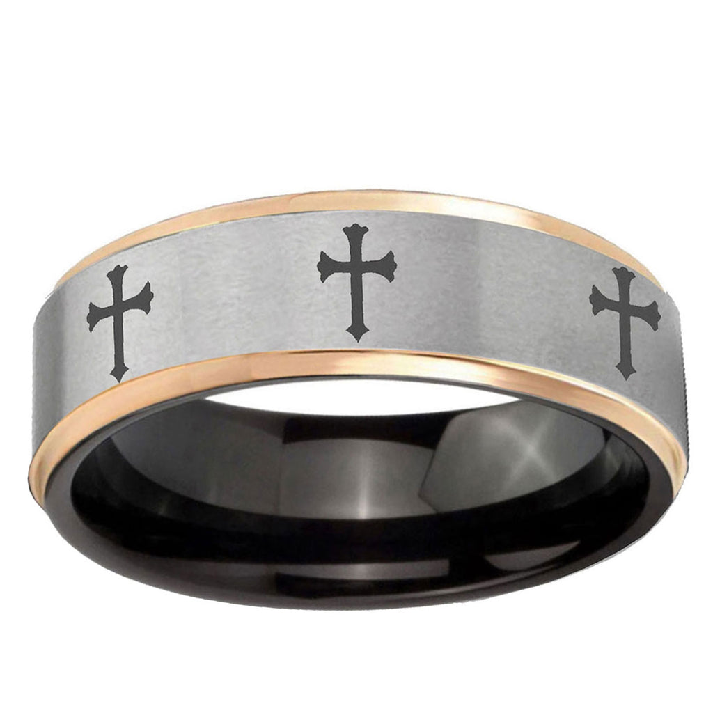 Multiple Christian Cross Rose Gold Step Edge Gray Tungsten Ring