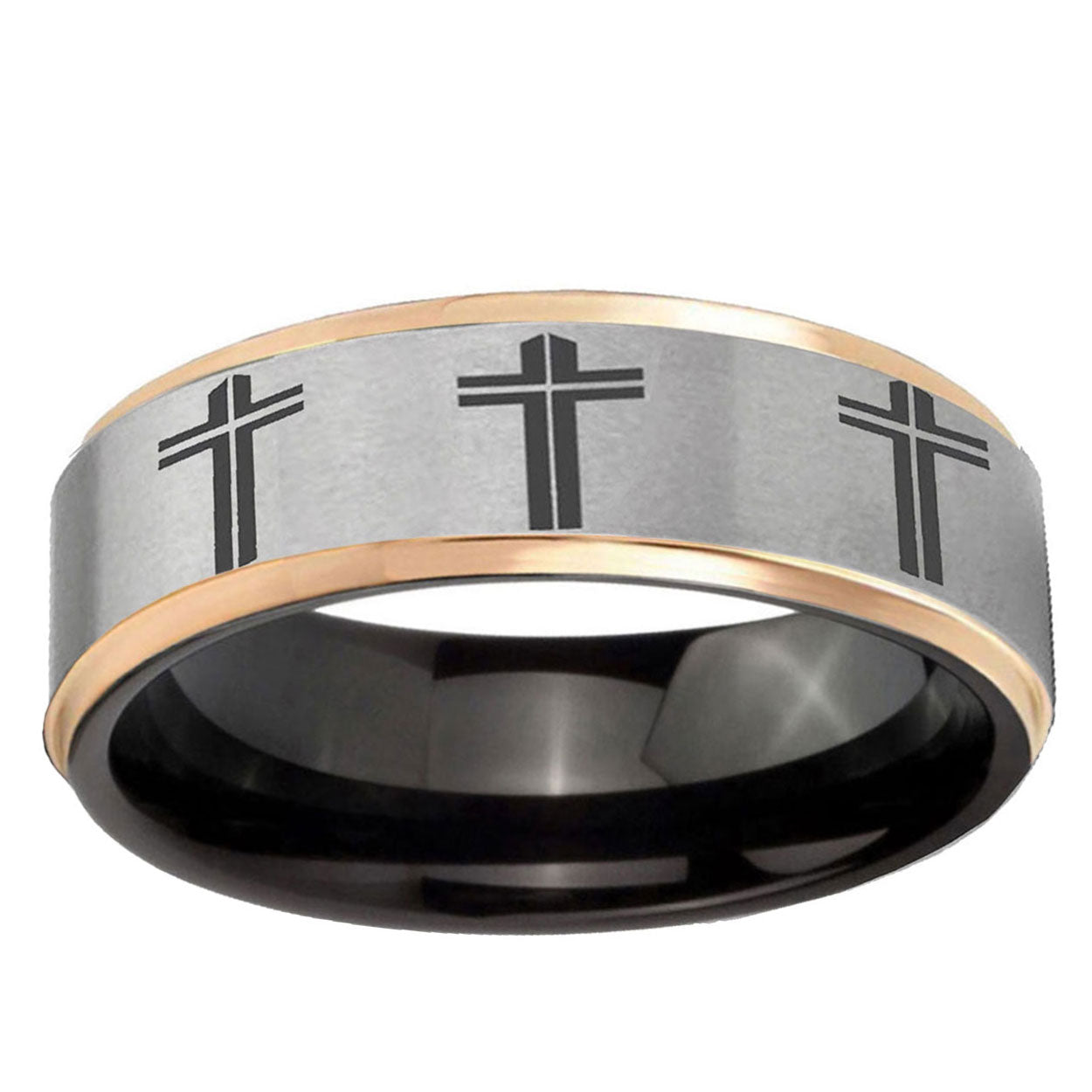 Multiple Christian Cross Rose Gold Step Edge Gray Tungsten Ring