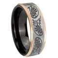8mm Etched Tribal Pattern Rose Gold Step Edge Gray Tungsten Ring