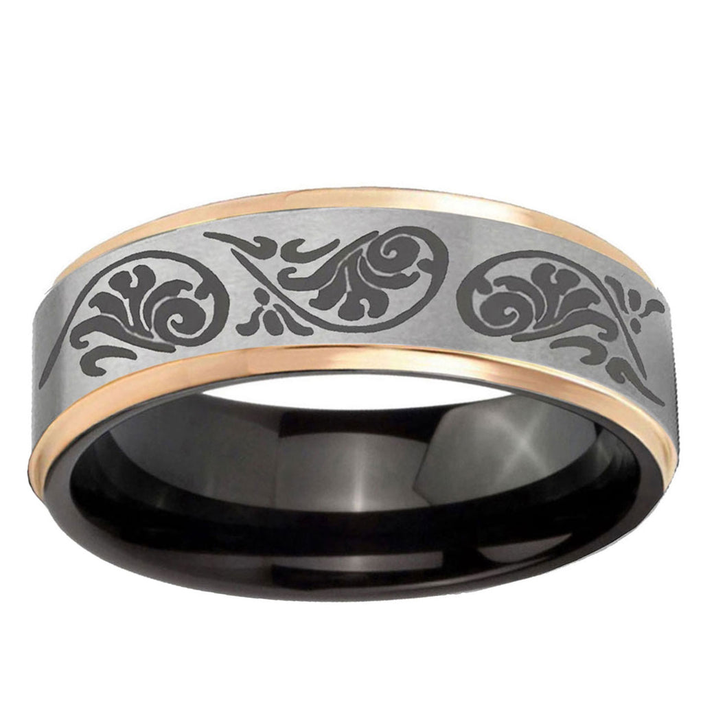 Etched Tribal Pattern Rose Gold Step Edge Gray Tungsten Ring