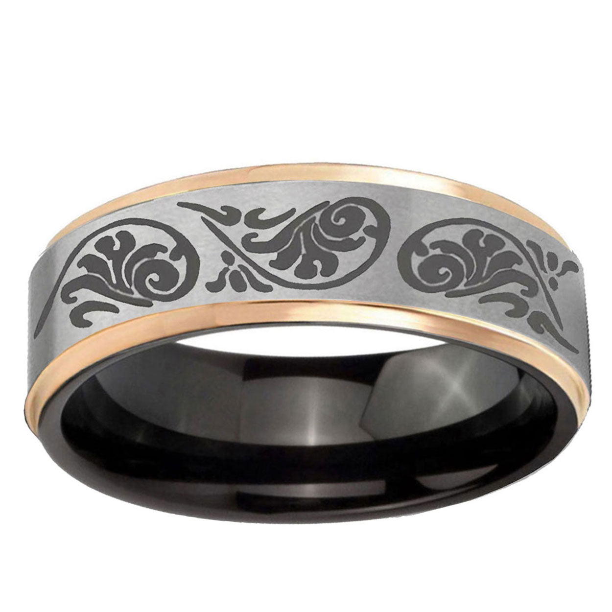 Etched Tribal Pattern Rose Gold Step Edge Gray Tungsten Ring