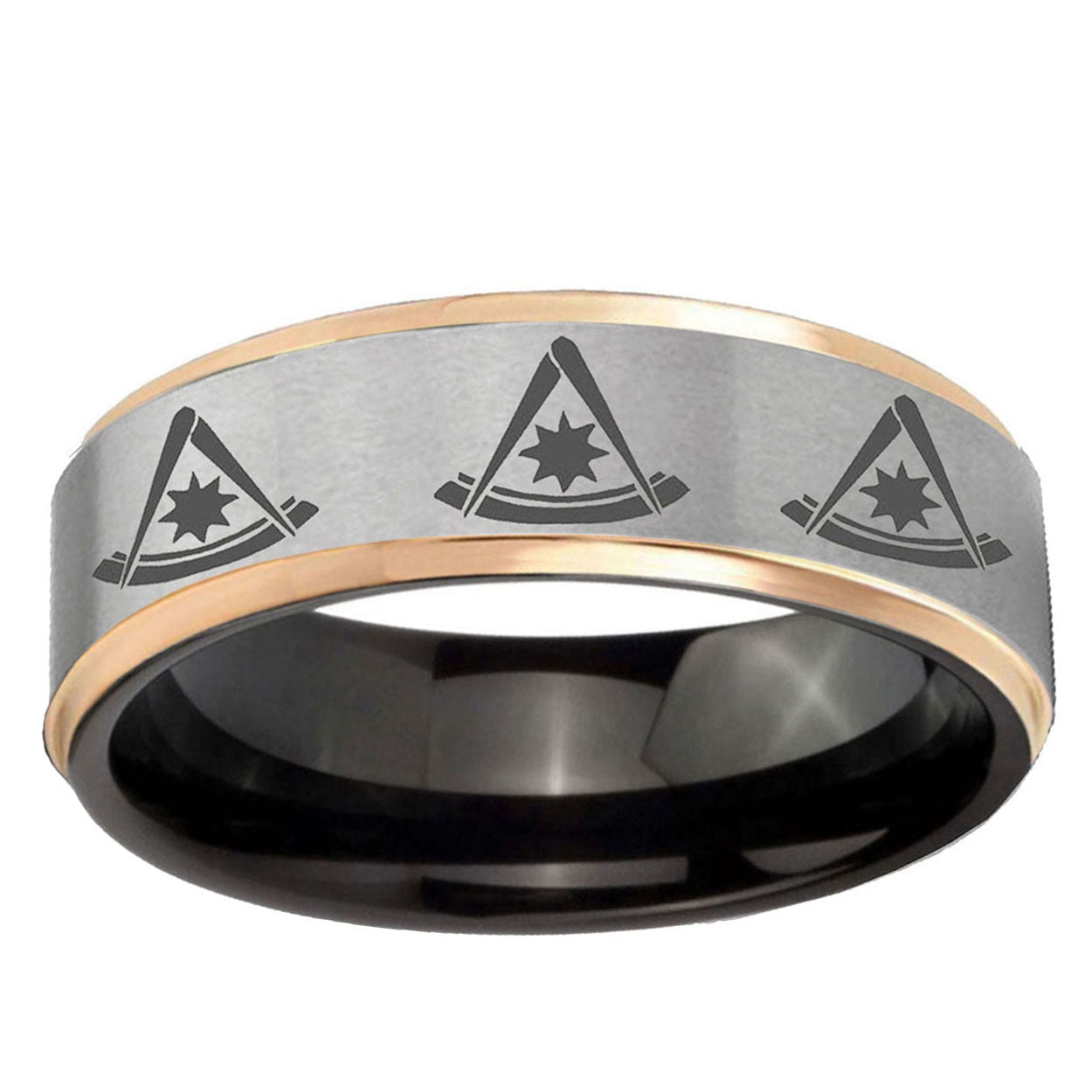Multiple Pester Master Masonic Rose Gold Step Edge Gray Tungsten Ring