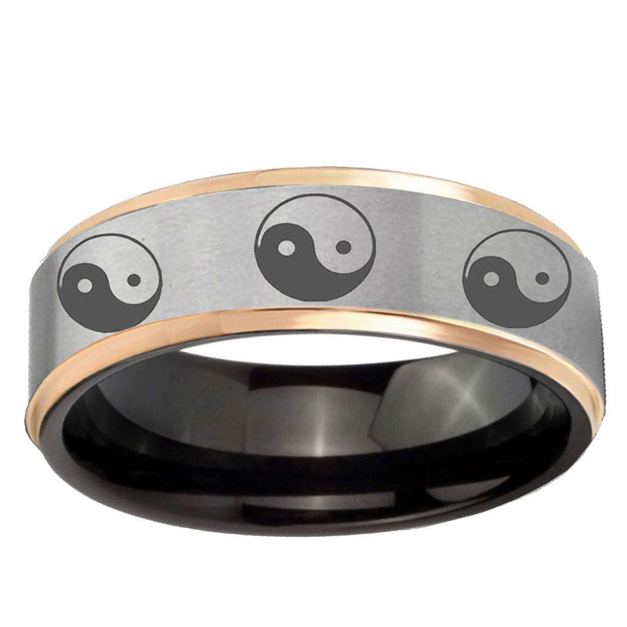 Multiple Yin Yang Rose Gold Step Edge Gray Tungsten Ring