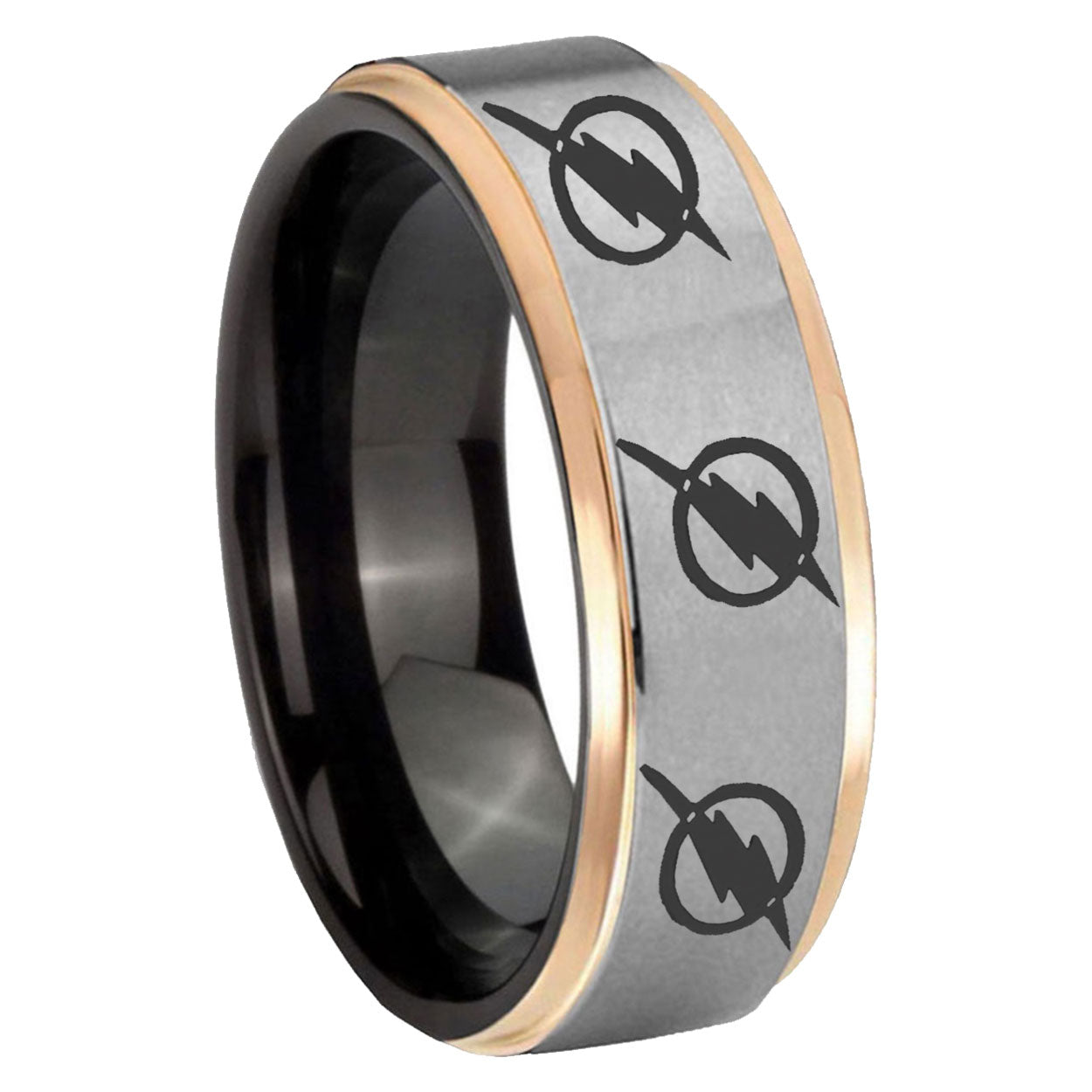 8mm Multiple Flash Rose Gold Step Edge Gray Wedding Band