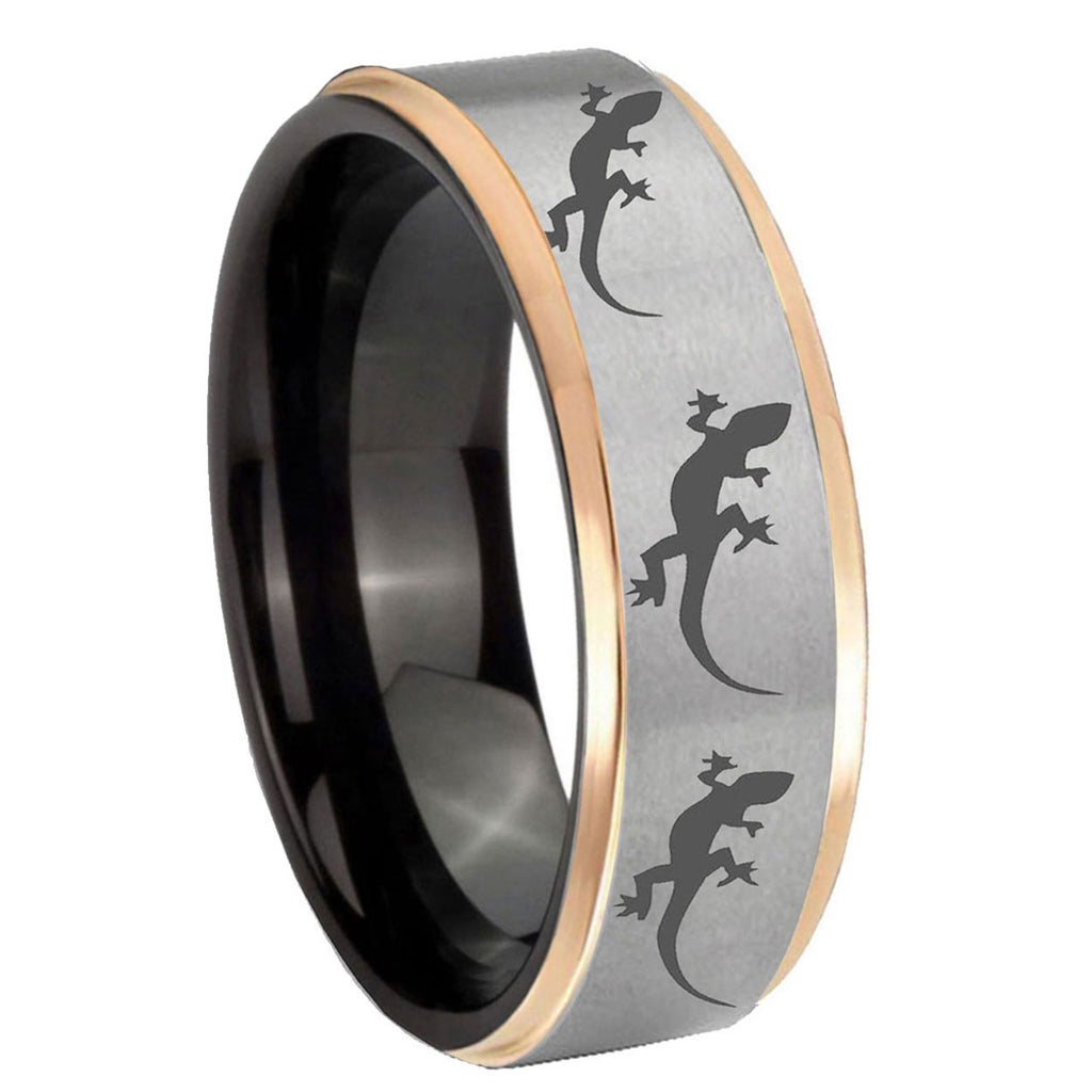 8mm Multiple Lizard Rose Gold Step Edge Gray Tungsten Ring