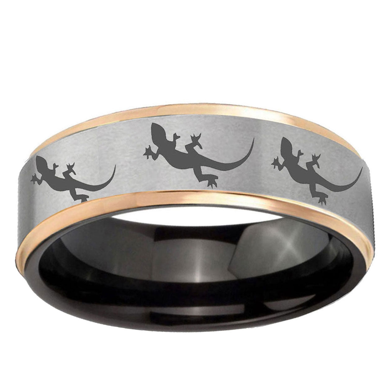 Multiple Lizard Rose Gold Step Edge Gray Tungsten Ring