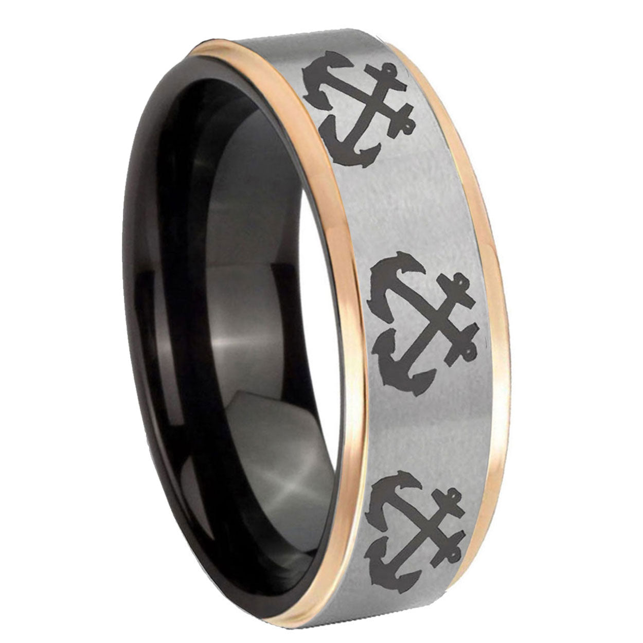 8mm Multiple Anchor Rose Gold Step Edge Gray Tungsten Ring
