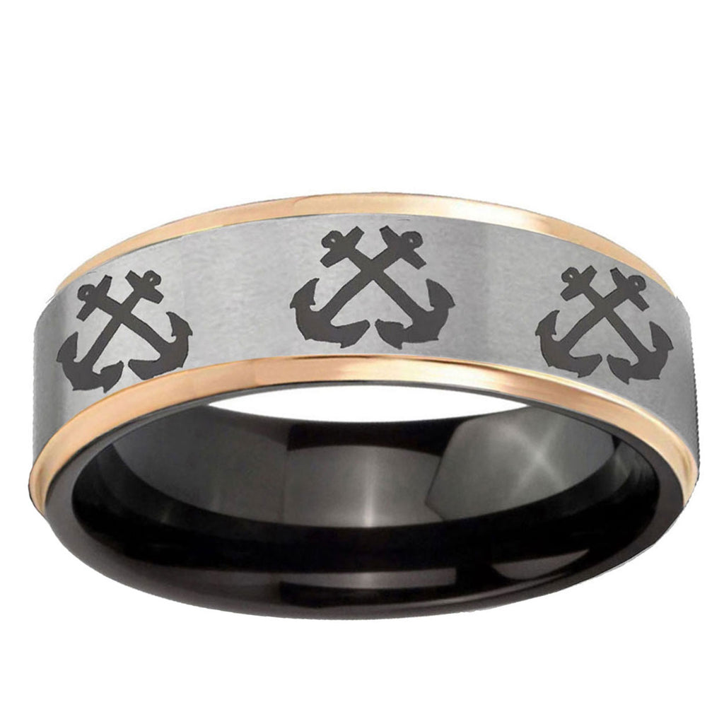 Multiple Anchor Rose Gold Step Edge Gray Tungsten Ring
