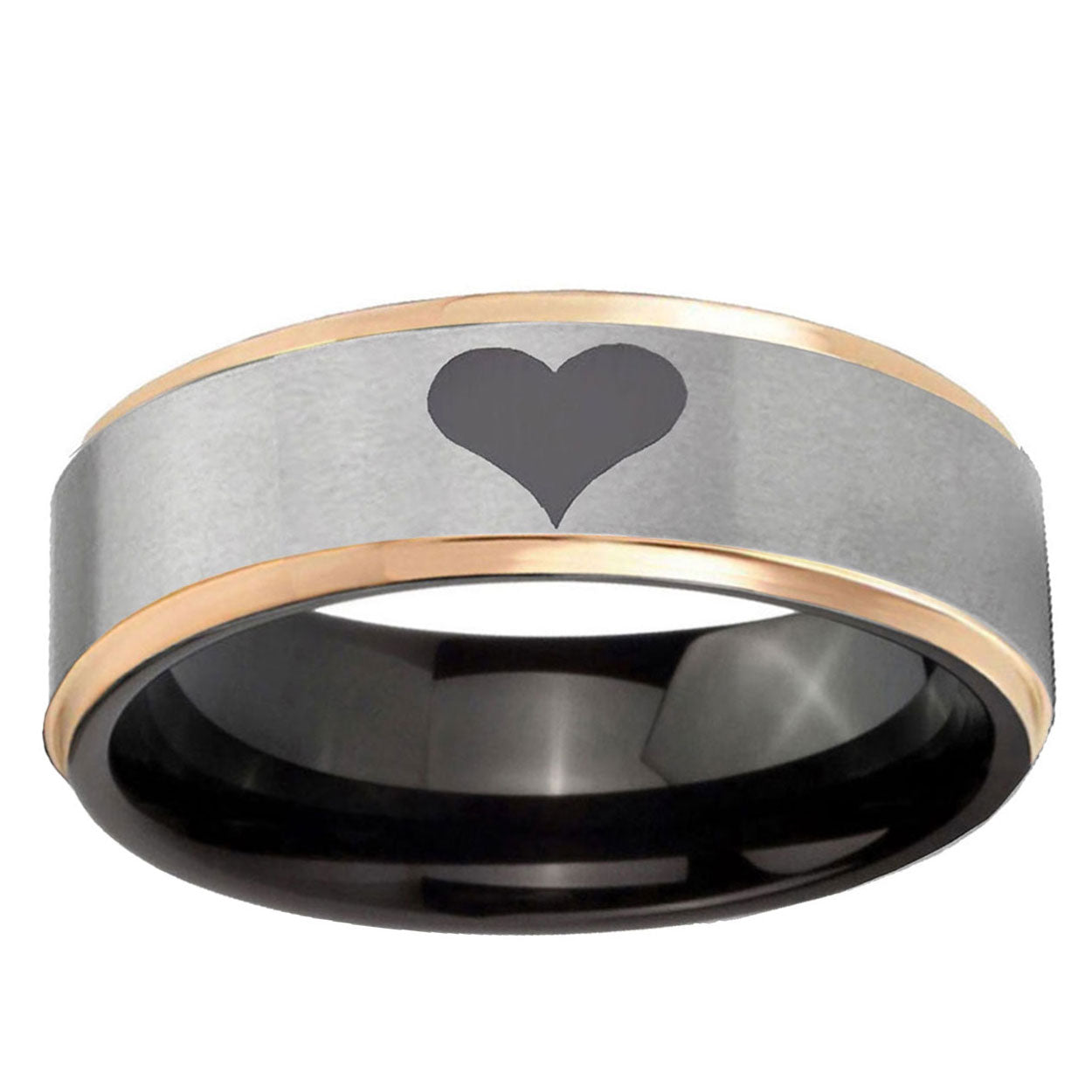 Heart Rose Gold Step Edge Gray Tungsten Engraved Ring