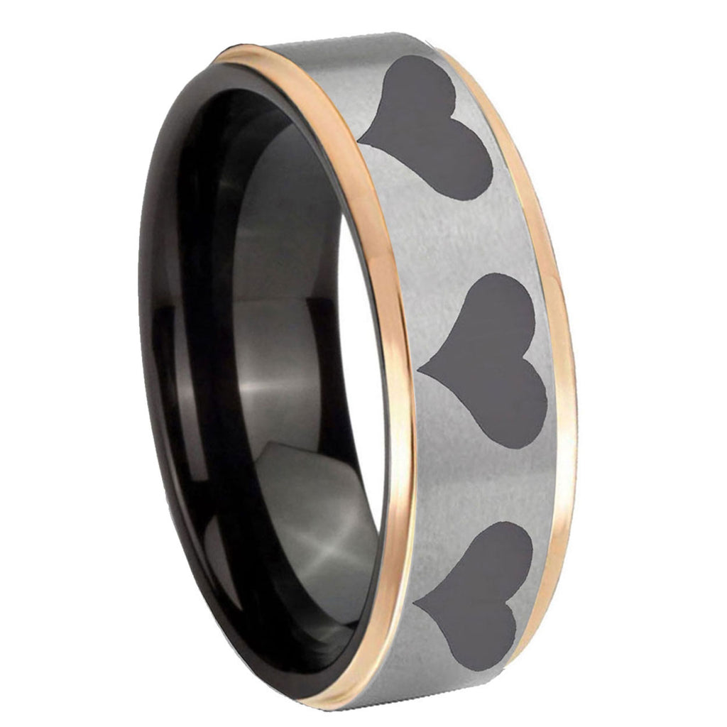 8mm Multiple Heart Rose Gold Step Edge Gray Tungsten Ring