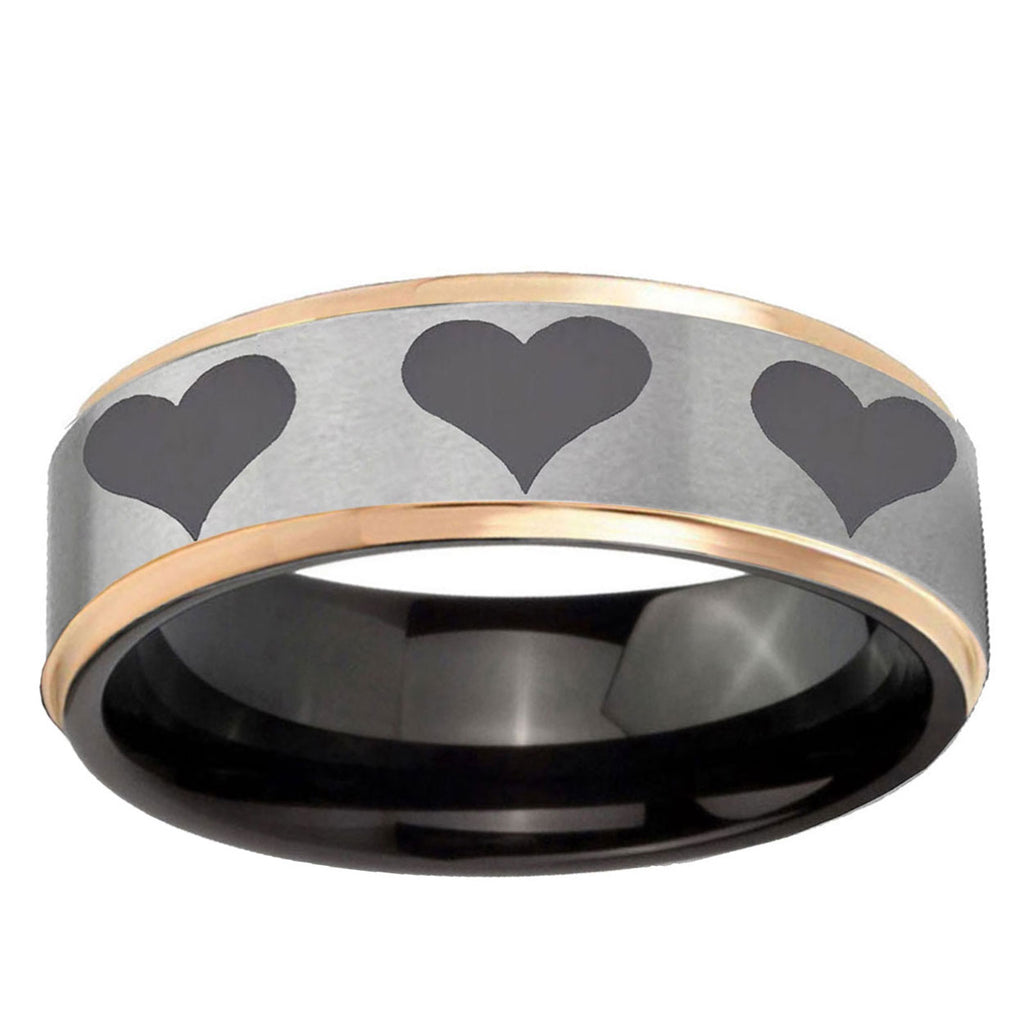 Multiple Heart Rose Gold Step Edge Gray Tungsten Ring
