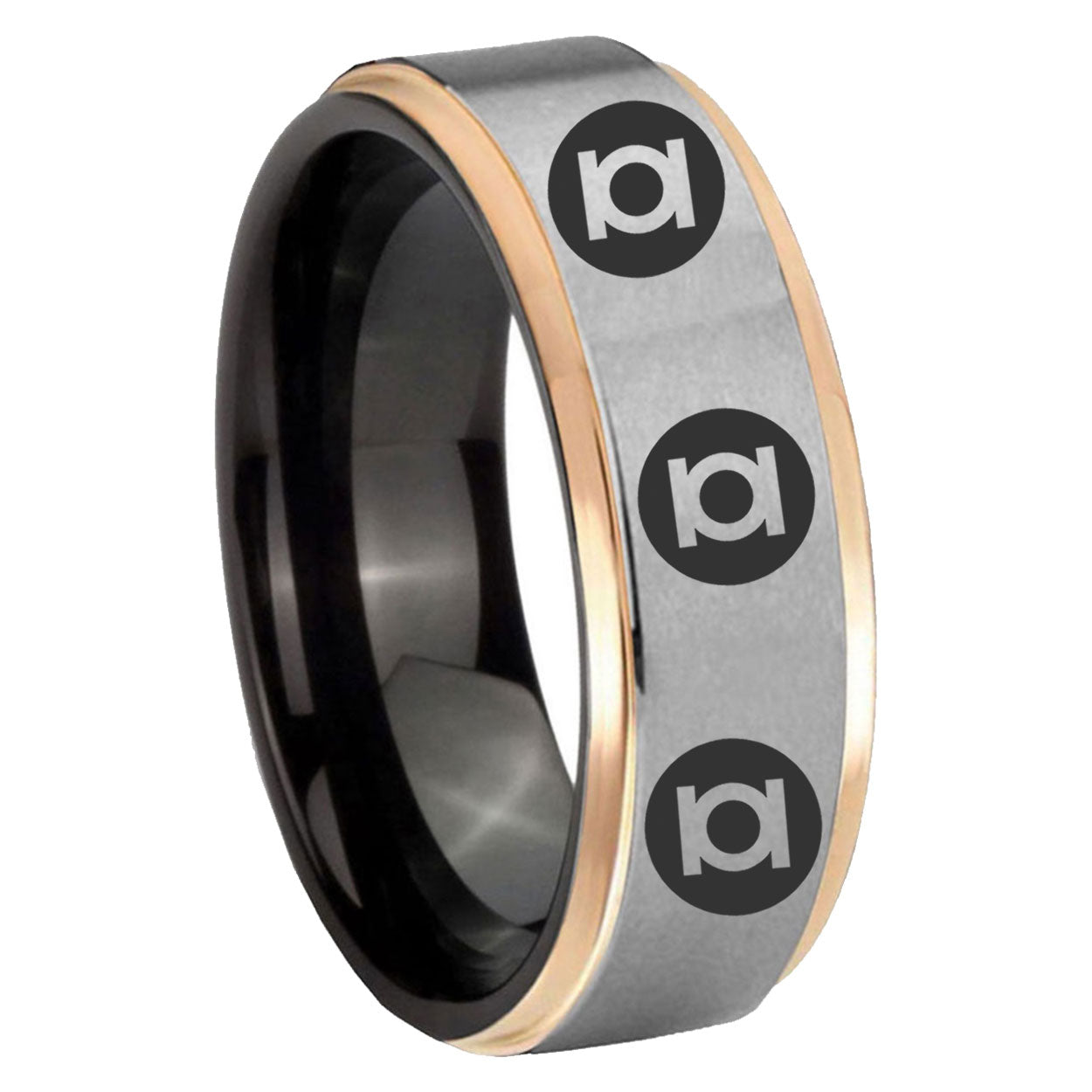 8mm Multiple Green Lantern Rose Gold Step Edge Gray Unique Ring