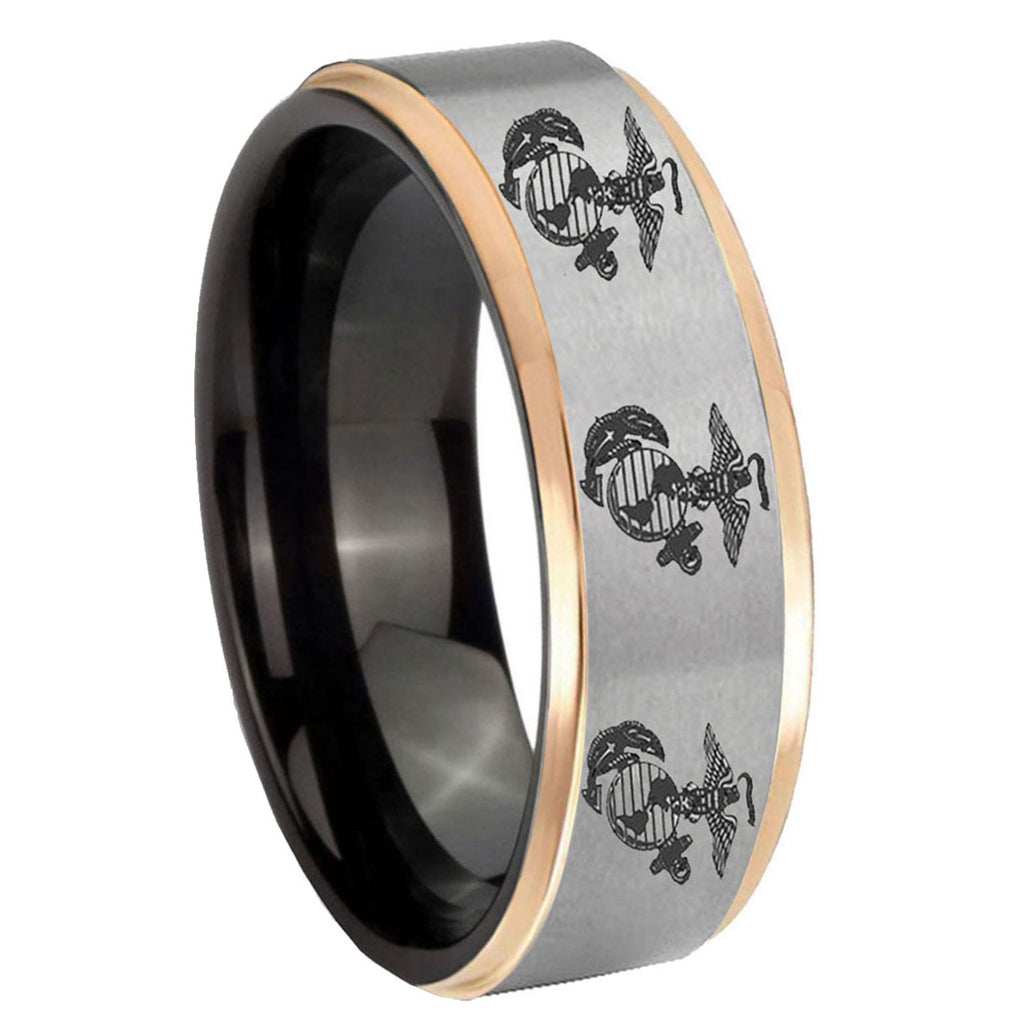 8mm Multiple Marine Rose Gold Step Edge Gray Tungsten Ring