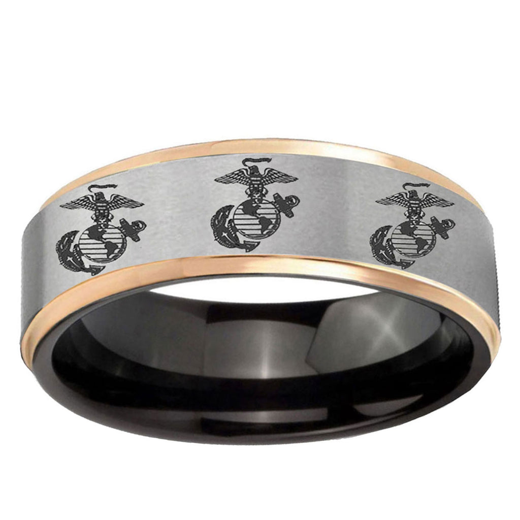 Multiple Marine Rose Gold Step Edge Gray Tungsten Ring