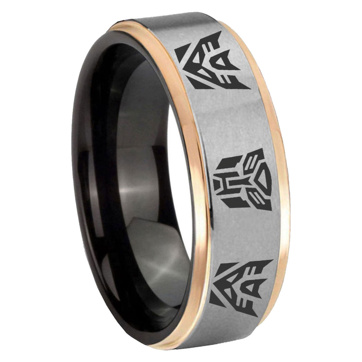 8mm Transformers Autobot Decepticon Rose Gold Step Edge Gray Tungsten Ring