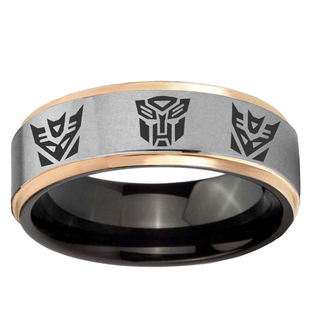 Transformers Autobot Decepticon Rose Gold Step Edge Gray Tungsten Ring