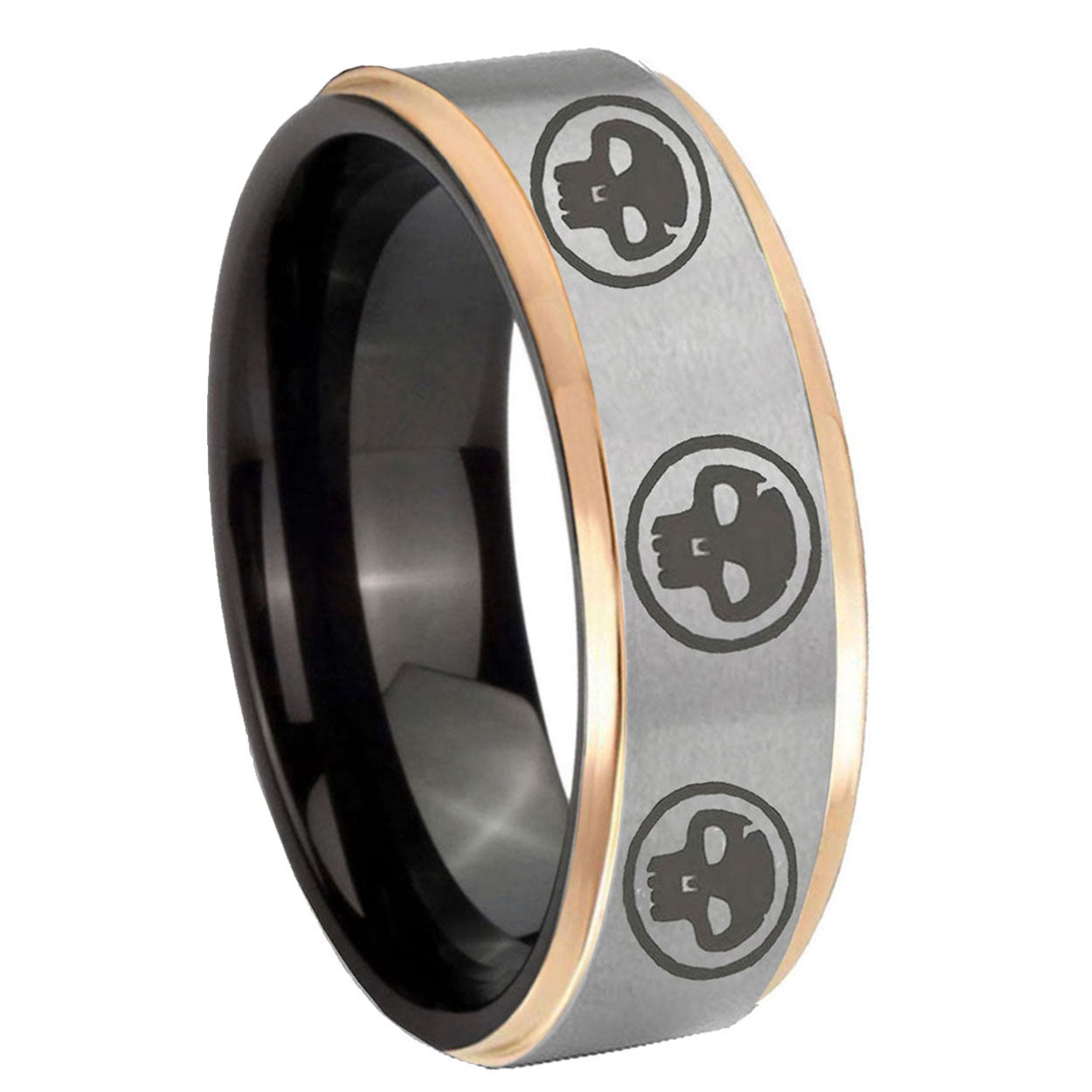 8mm Multiple Skull Rose Gold Step Edge Gray Tungsten Ring